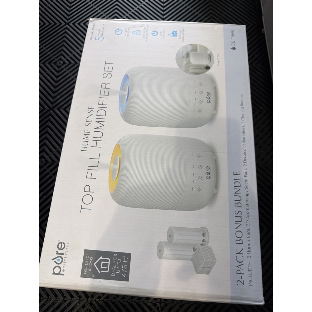 2 Pack Pure Enrichment HUME Sense Top Fill Ultrasonic Quiet Humidifiers